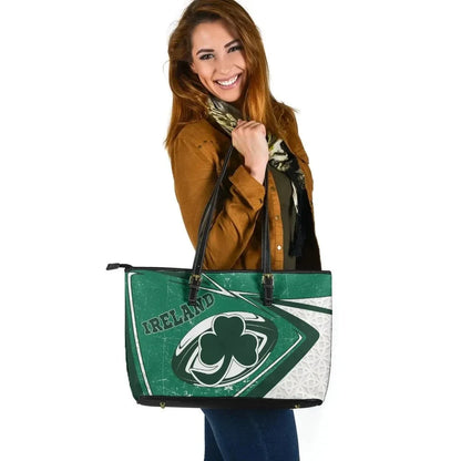 Ireland Rugby Leather Tote Bag Celtic Shamrock & Rugby Ball