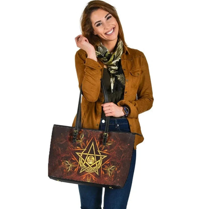 Celtic Wicca Leather Tote Bag Celtic Triskelion Pentagram Moon
