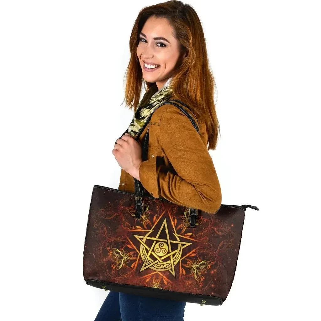 Celtic Wicca Leather Tote Bag Celtic Triskelion Pentagram Moon