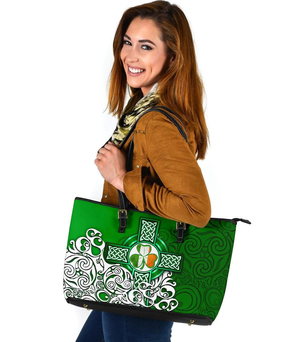 Ireland Celtic Leather Tote Bag Irish Shamrock Flag With Celtic Cross