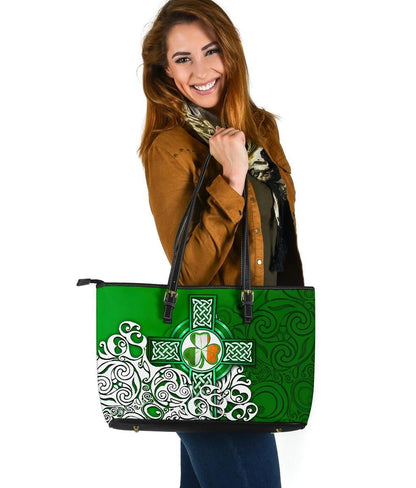 Ireland Celtic Leather Tote Bag Irish Shamrock Flag With Celtic Cross