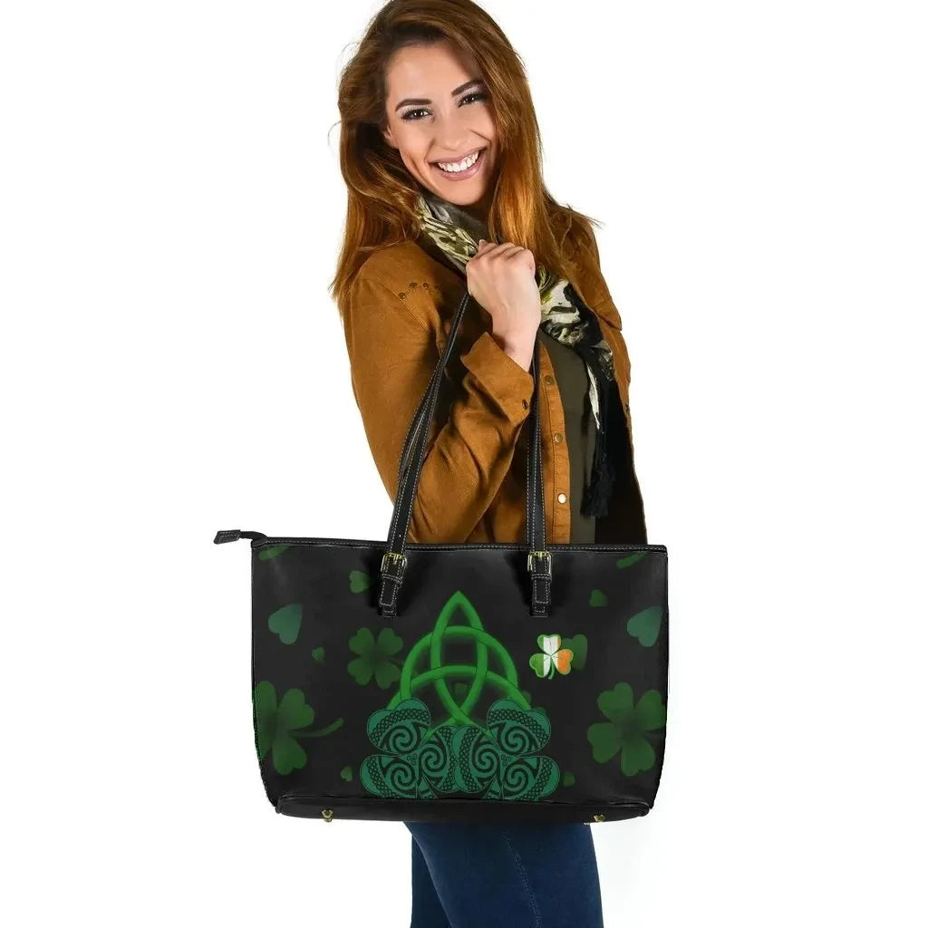 Ireland Leather Tote Bag Celtic Knot And Shamrock Patterns
