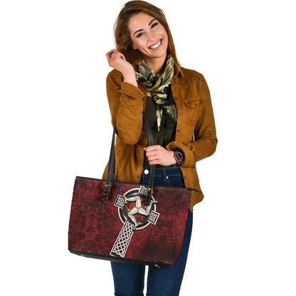 Isle Of Man Celtic Leather Tote Bag Celtic Cross & Triskele Skew Style