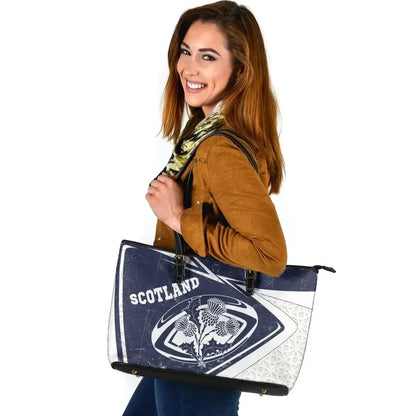 Scotland Rugby Leather Tote Bag Celtic Scottish Rugby Ball Thistle Ver