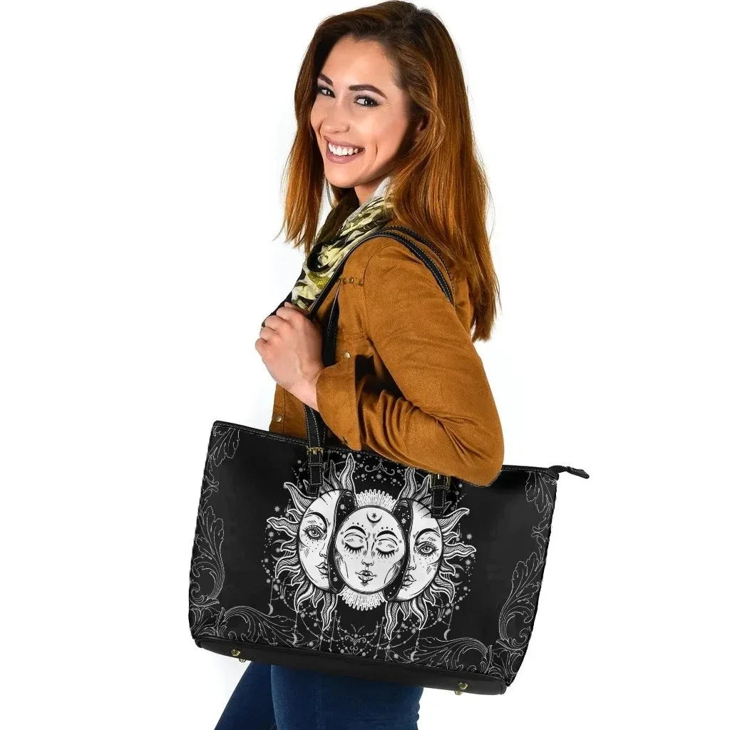 Celtic Wicca Leather Tote Bag Sun & Moon Mandala