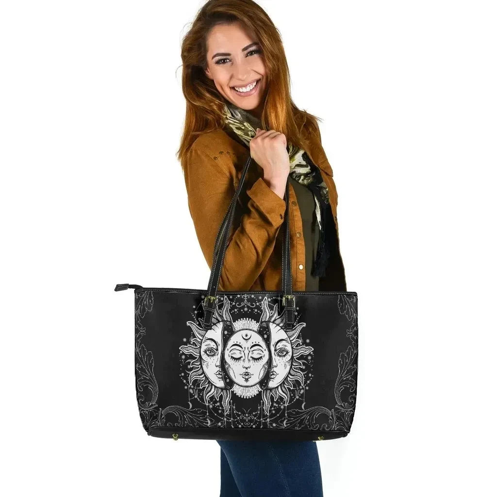 Celtic Wicca Leather Tote Bag Sun & Moon Mandala