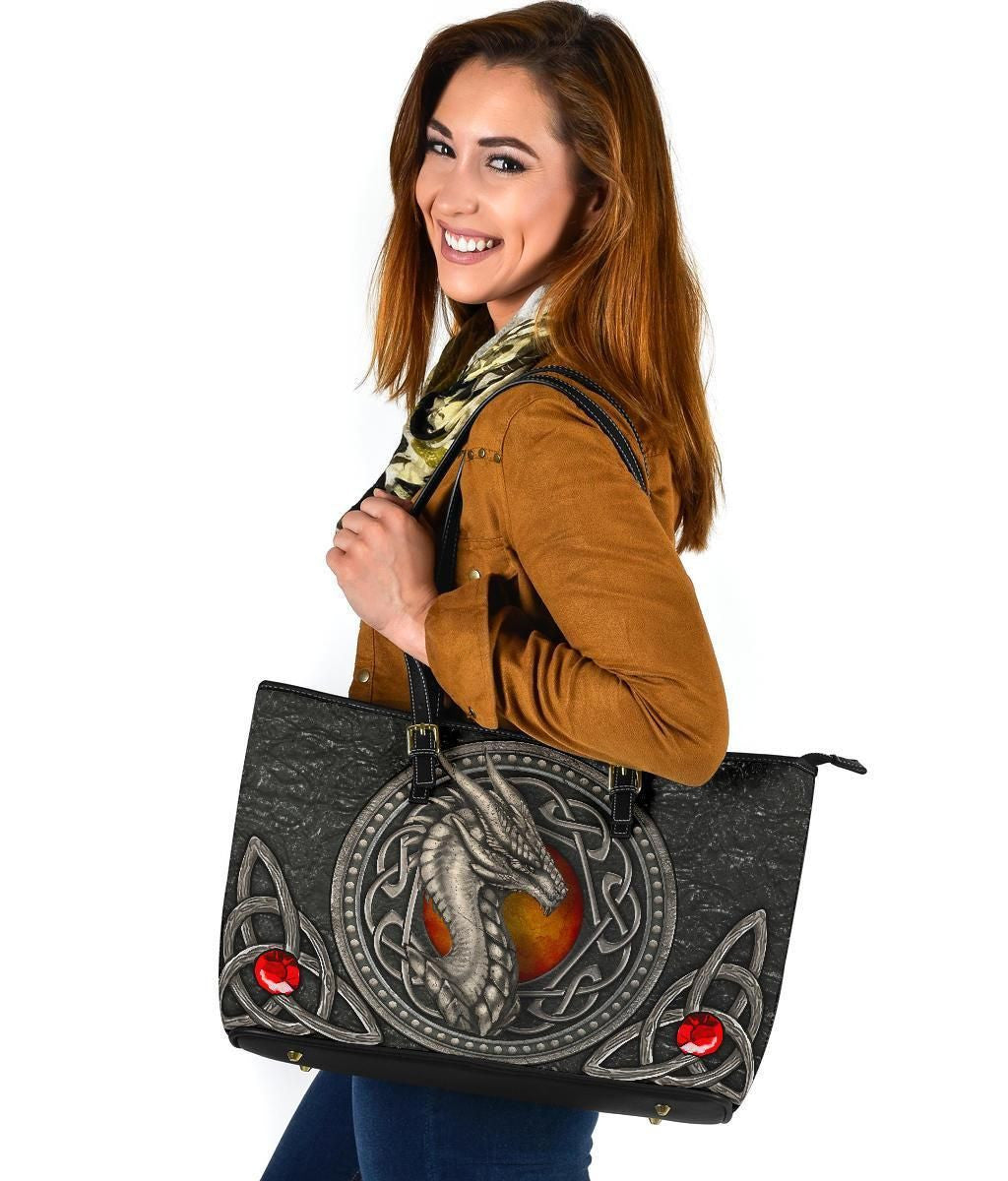 Celtic Dragon With Celtic Knot Leather Tote Bag