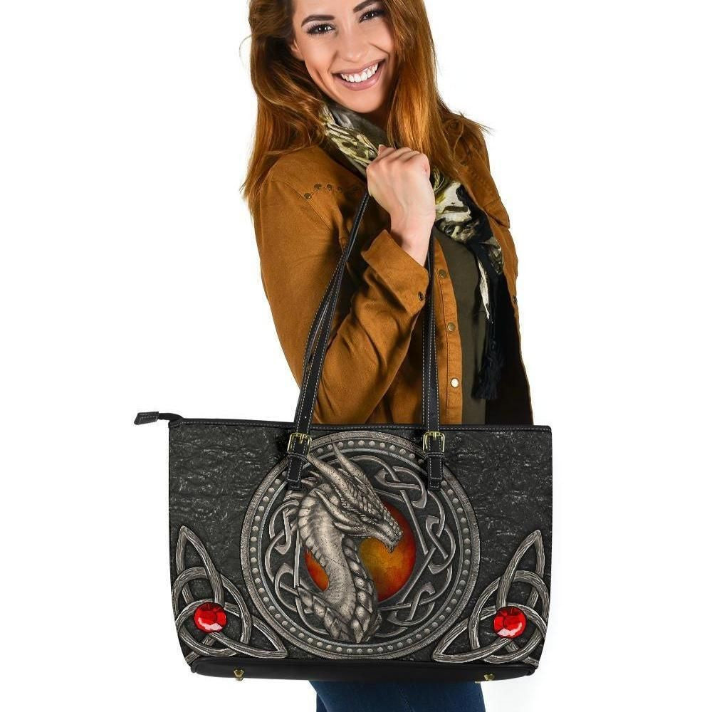 Celtic Dragon With Celtic Knot Leather Tote Bag