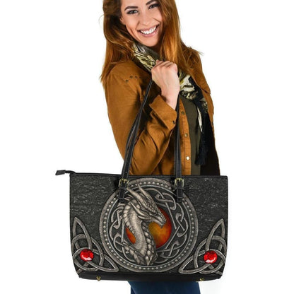 Celtic Dragon With Celtic Knot Leather Tote Bag