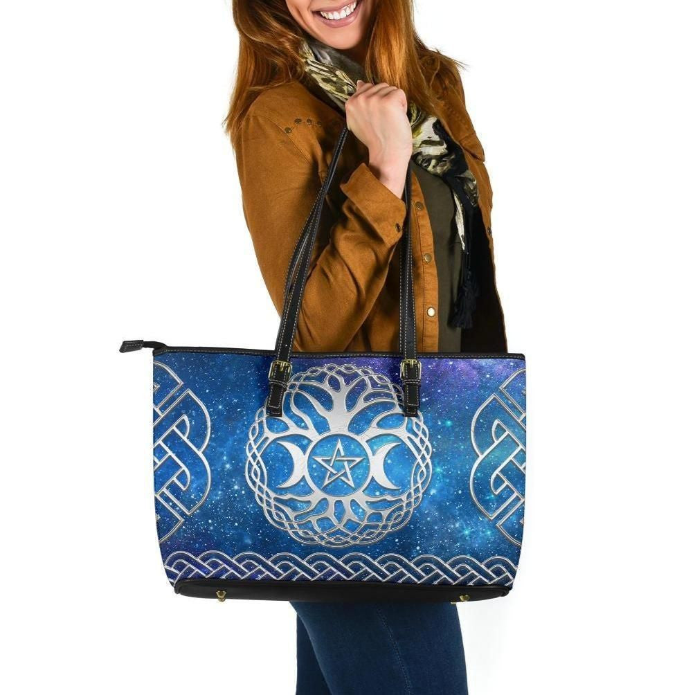Celtic Wiccan Leather Tote Bag Wicca Tripple Moon Tree Of Life & Pentacle