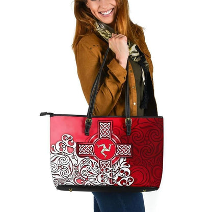 Celtic Leather Tote Bag Isle Of Man Flag With Celtic Cross