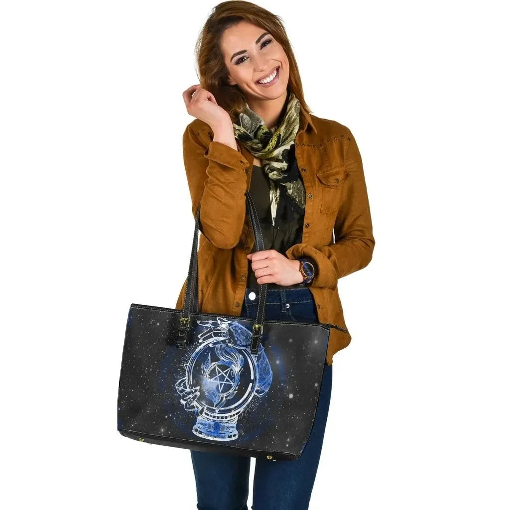 Celtic Wicca Leather Tote Bag Wiccan Mystical Mudra Hands With Pentacle