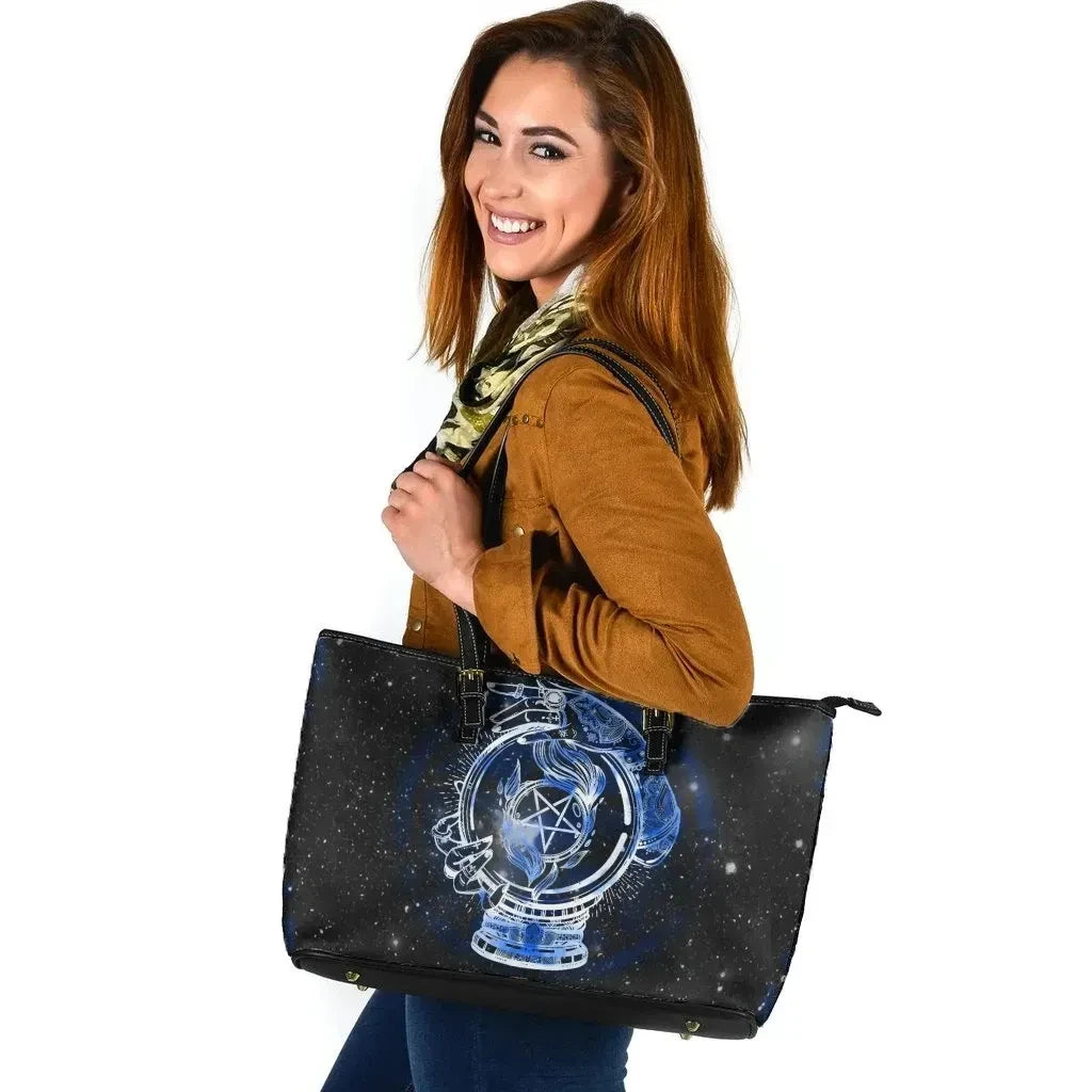 Celtic Wicca Leather Tote Bag Wiccan Mystical Mudra Hands With Pentacle
