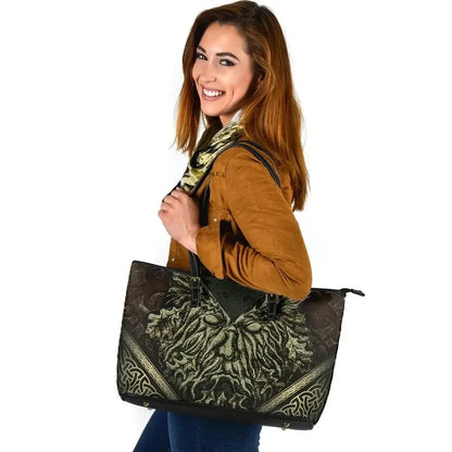 Celtic Green Man Leather Tote Bag Vintage Green Man With Celtic Cross