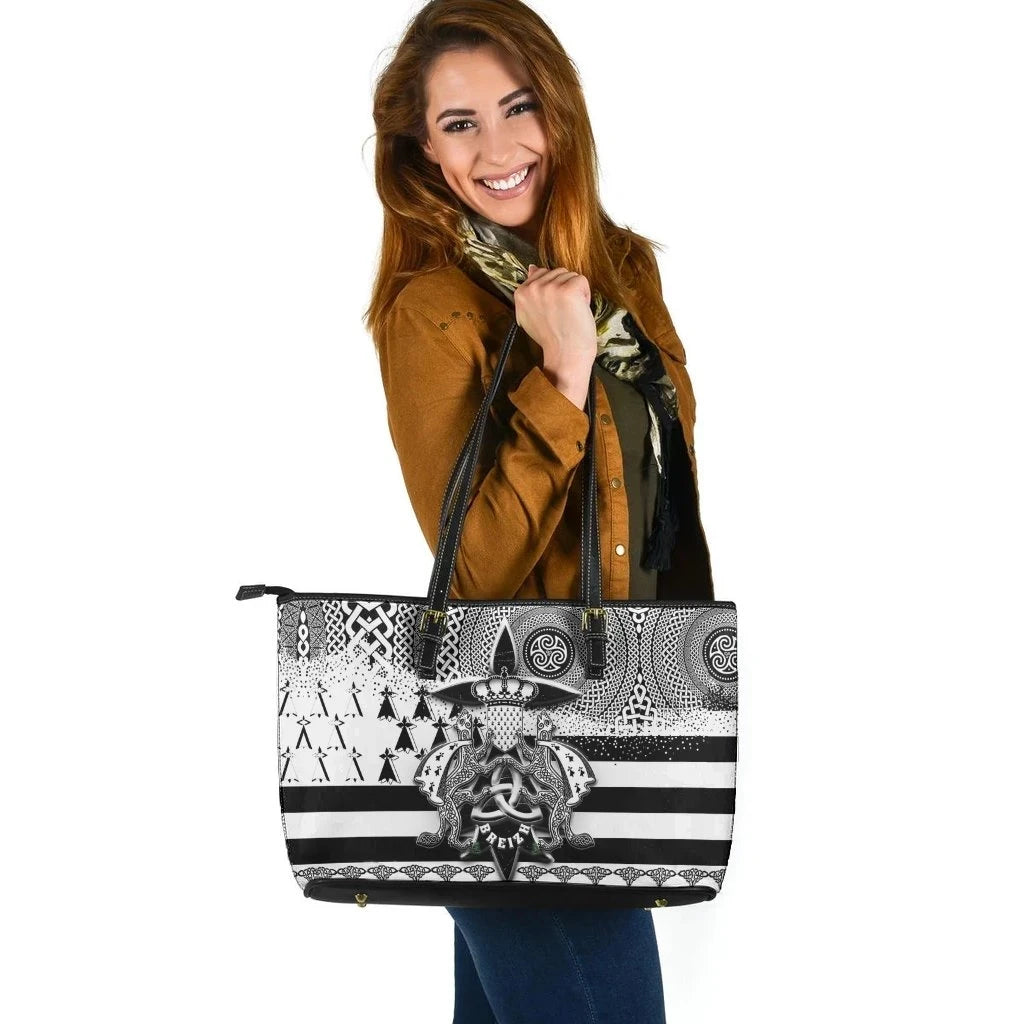 Celtic Brittany Leather Tote Bag Brittany Flag With Stoat Ermine And Triskelion Symbols