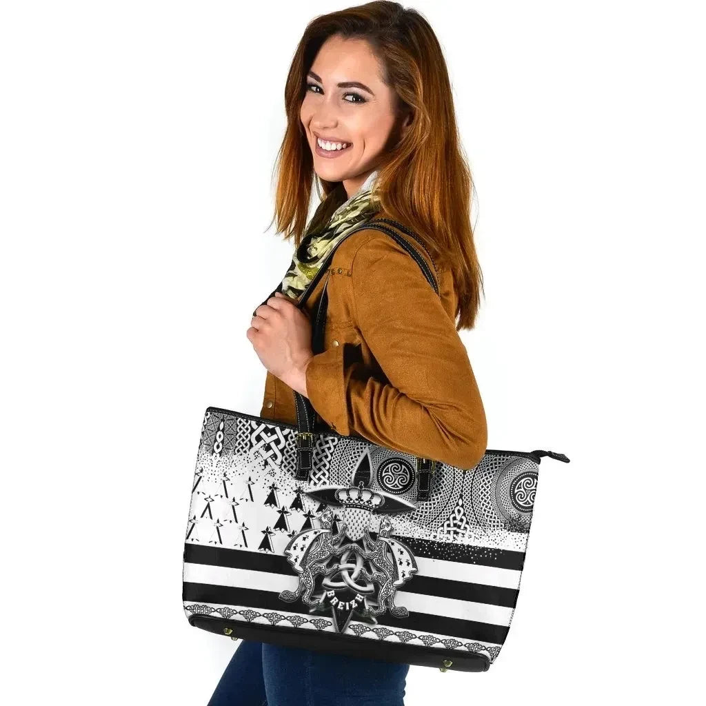 Celtic Brittany Leather Tote Bag Brittany Flag With Stoat Ermine And Triskelion Symbols
