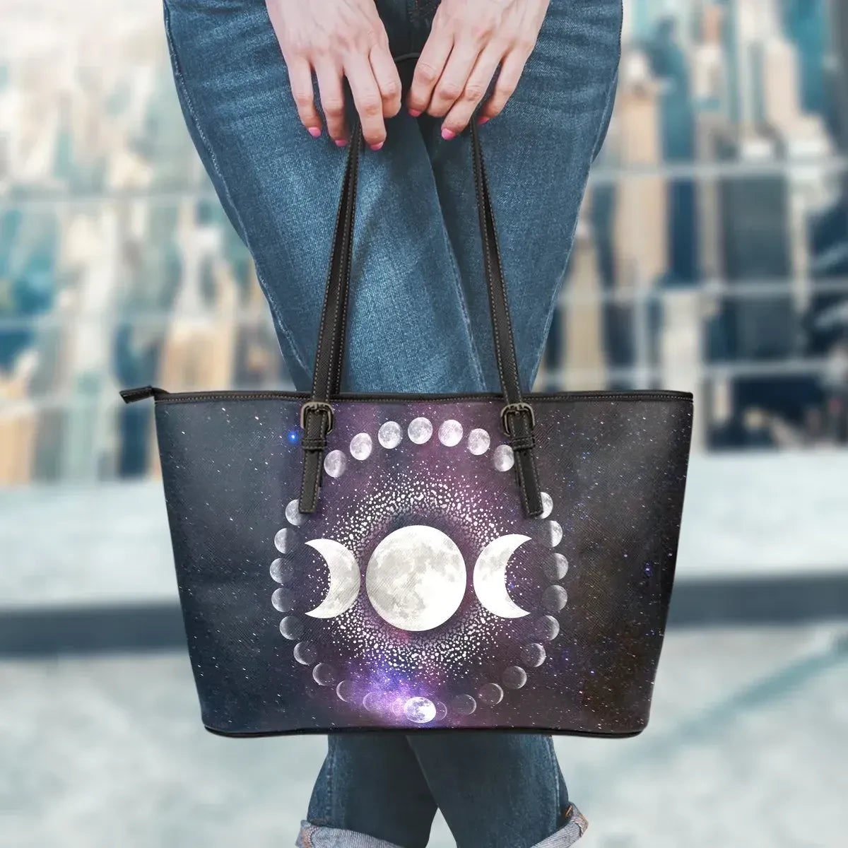 Celtic Wicca Leather Tote Bag Moon Phases Wicca Mystical Purple