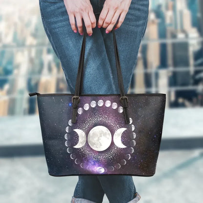 Celtic Wicca Leather Tote Bag Moon Phases Wicca Mystical Purple