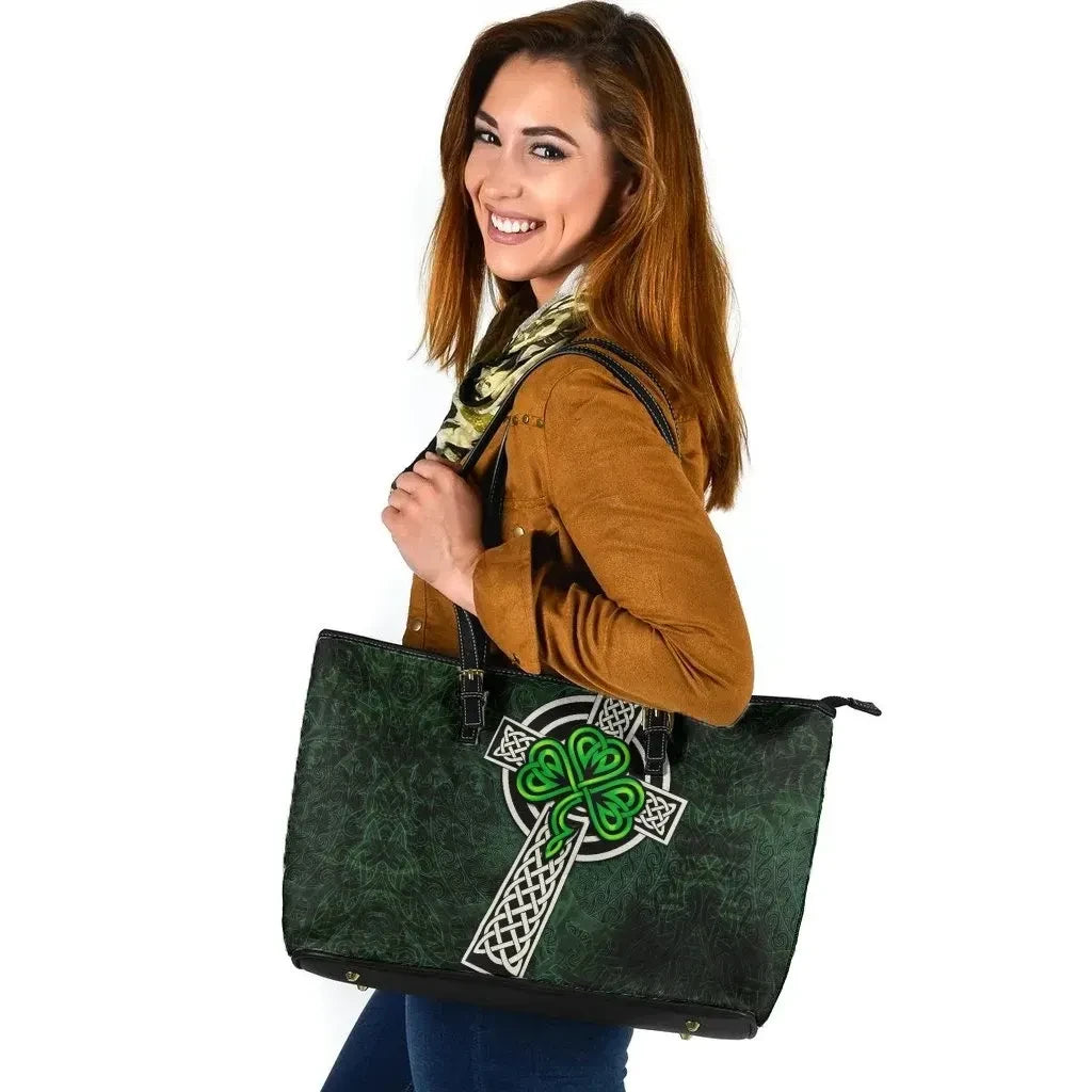 Ireland Celtic Leather Tote Bag Celtic Cross & Shamrock Skew Style
