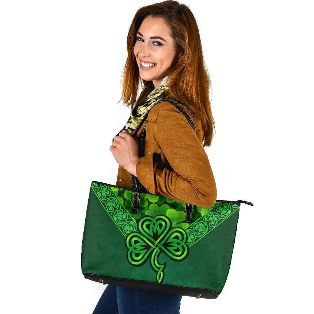 Ireland Celtic Leather Tote Bag Irish Shamrock Triangle Style