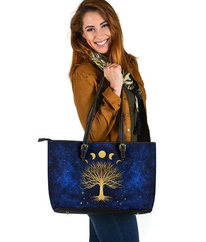 Celtic Wicca Leather Tote Bag Moon Phases & Tree Of Life