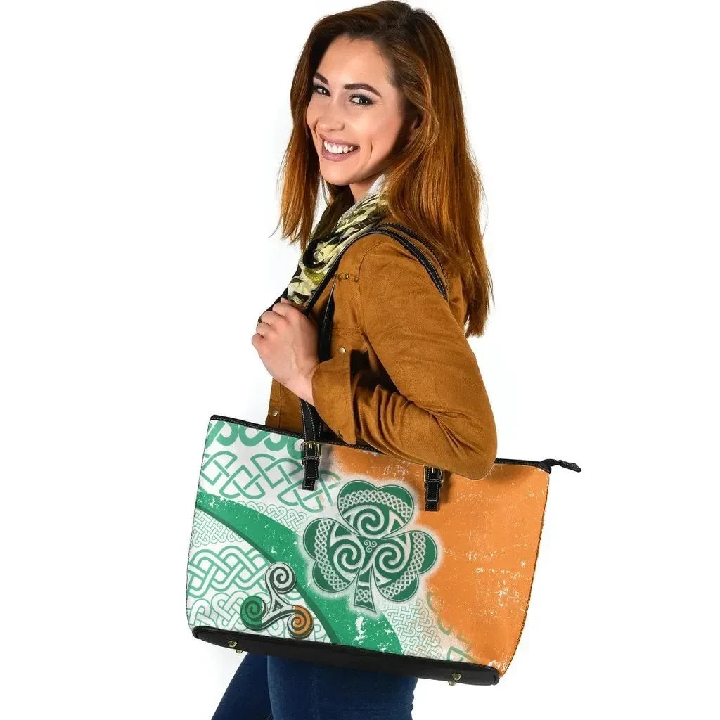 Ireland Celtic Leather Tote Bag Ireland Shamrock With Celtic Patterns