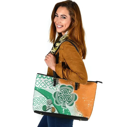 Ireland Celtic Leather Tote Bag Ireland Shamrock With Celtic Patterns