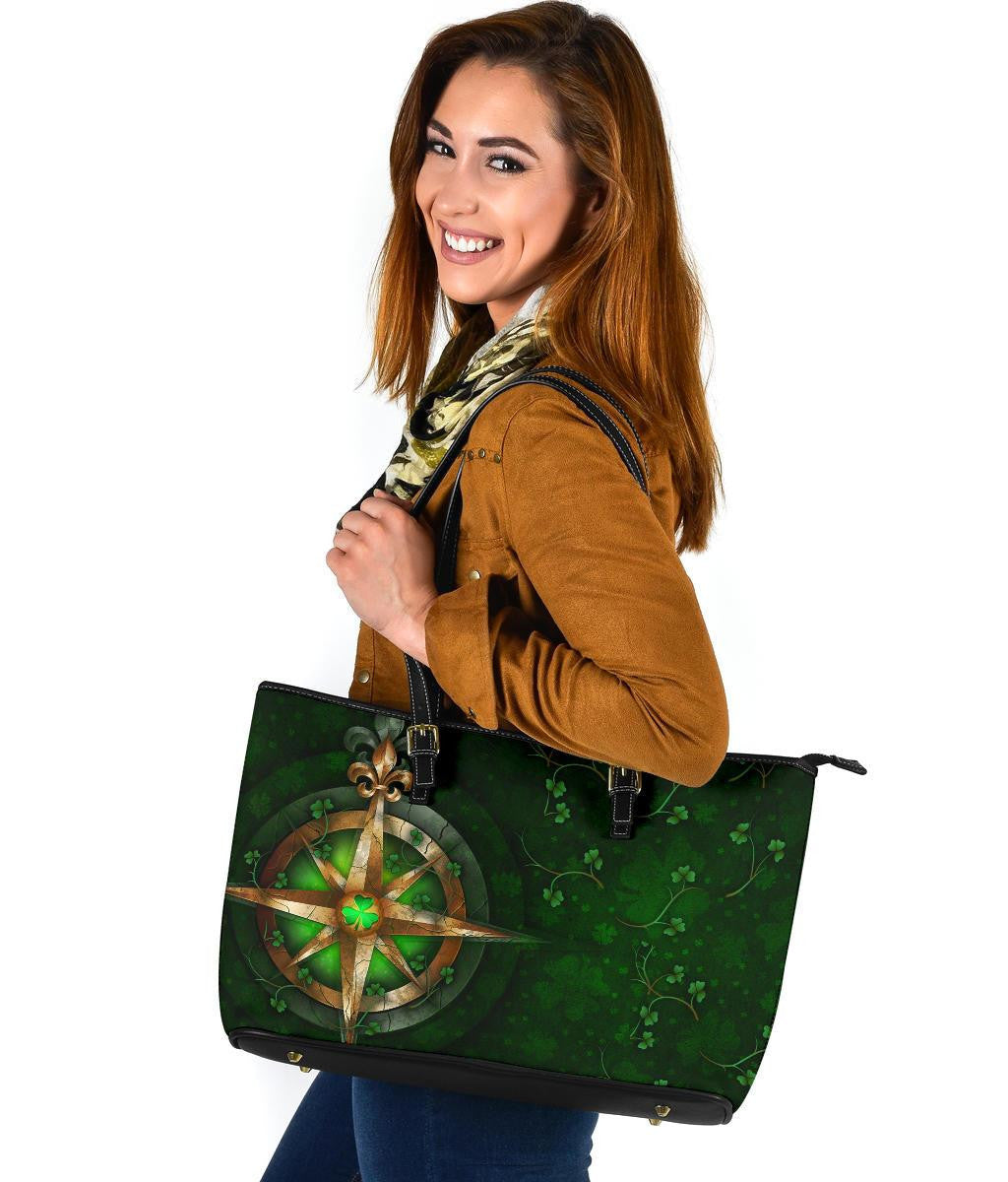 Ireland Leather Tote Bag Celtic Irish Compass & Shamrock