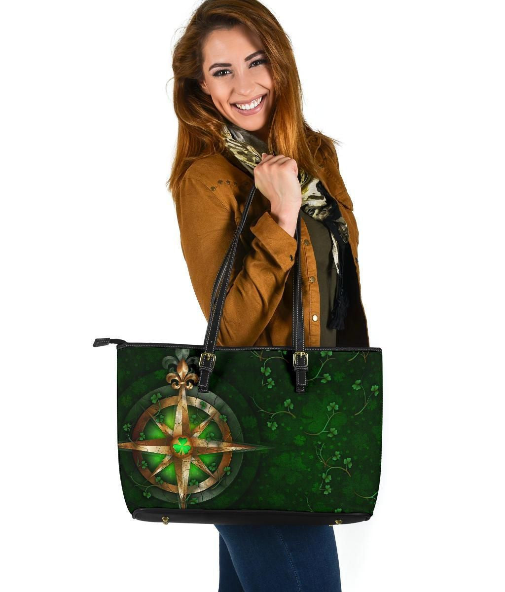 Ireland Leather Tote Bag Celtic Irish Compass & Shamrock