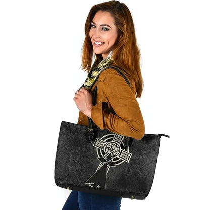 Brittany Celtic Leather Tote Bag Celtic Cross & Stoat Ermine Skew Style