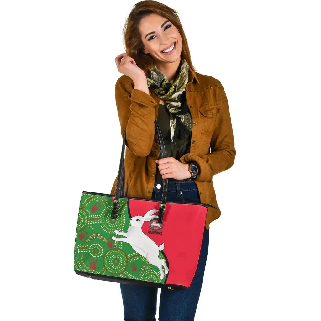 Australia Rabbitohs Leather Tote Bag Naidoc Pattern With Rabbits