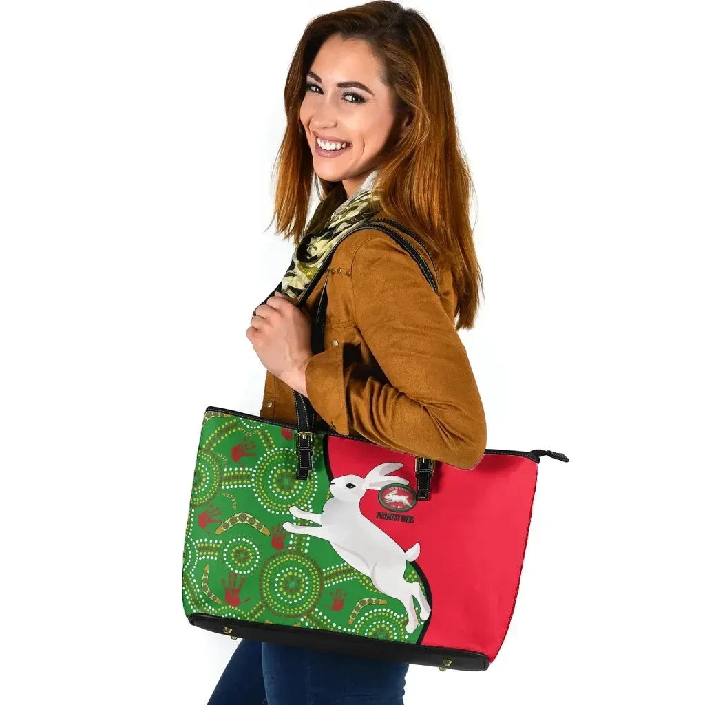 Australia Rabbitohs Leather Tote Bag Naidoc Pattern With Rabbits