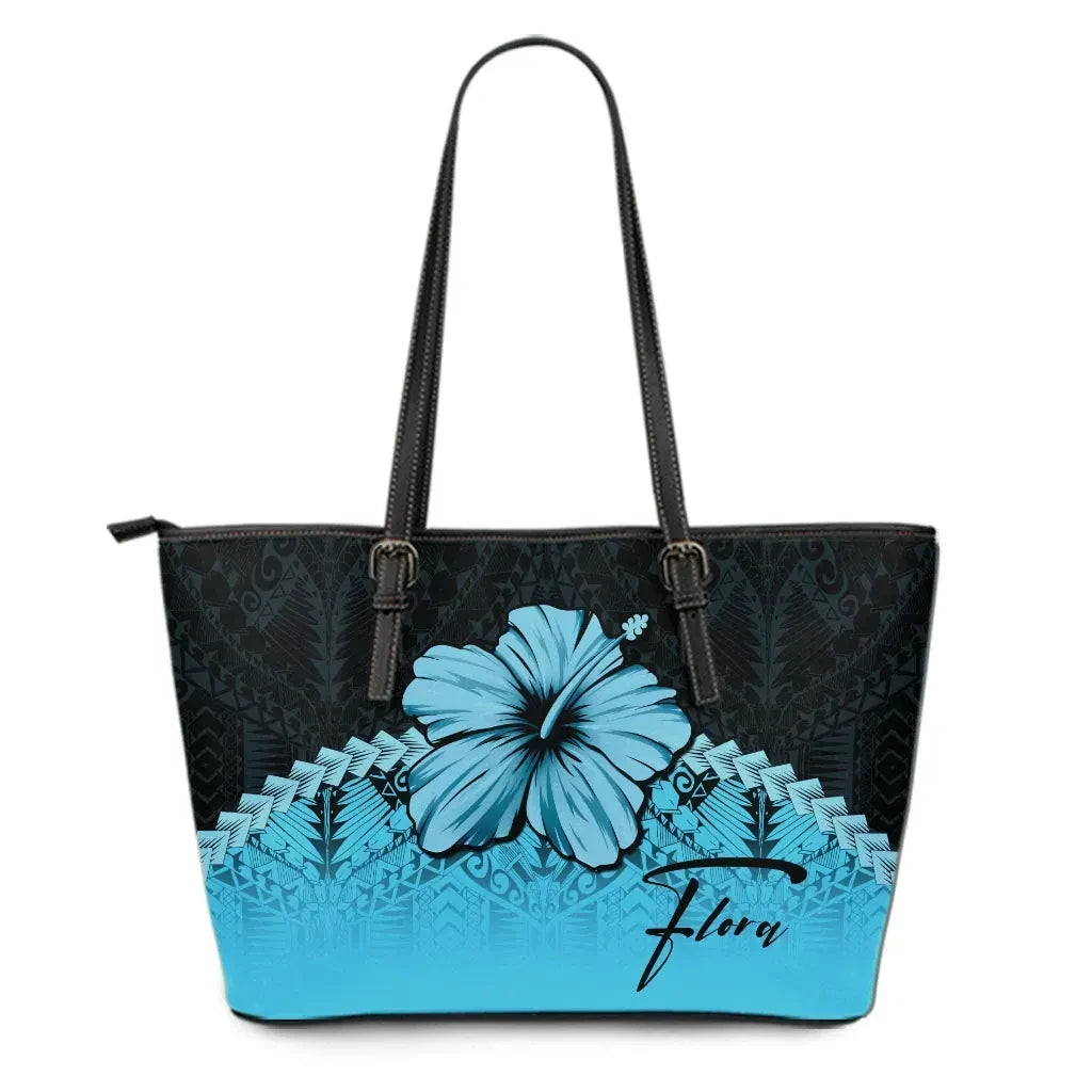 Custom Polynesian Leather Tote Bag Hibiscus Personal Signature Turquoise