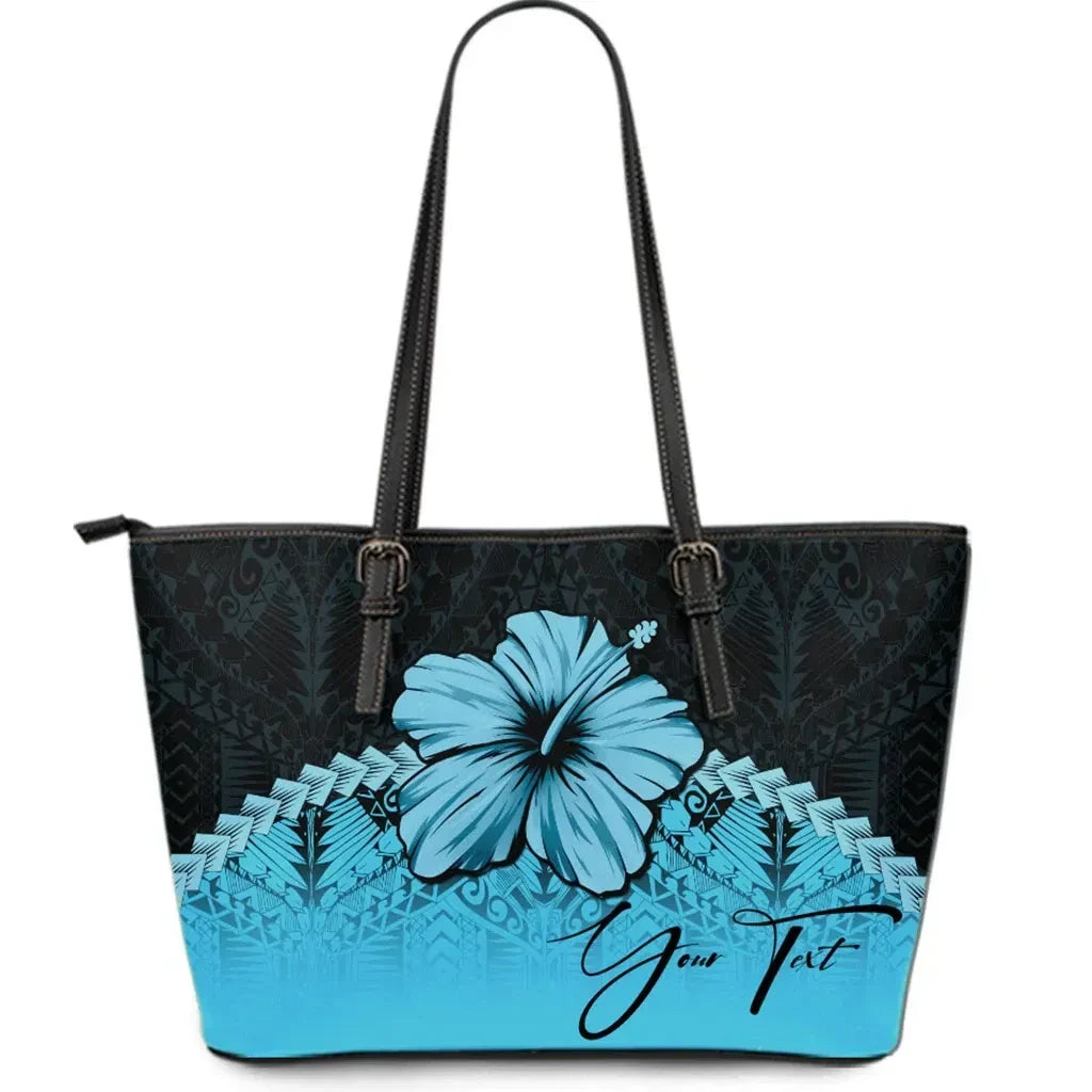 Custom Polynesian Leather Tote Bag Hibiscus Personal Signature Turquoise