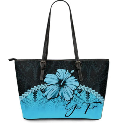 Custom Polynesian Leather Tote Bag Hibiscus Personal Signature Turquoise