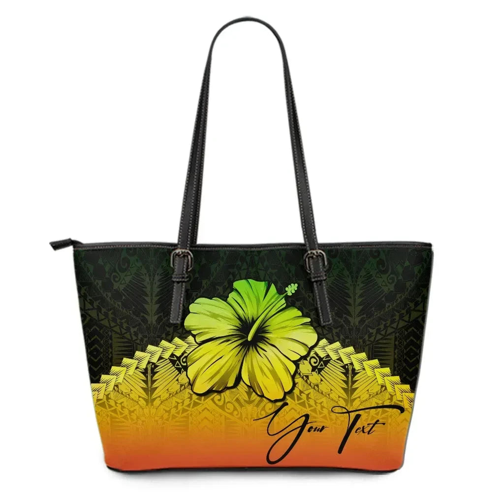 Custom Polynesian Leather Tote Bag Hibiscus Personal Signature Reggae