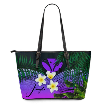 Custom Kanaka Maoli Hawaiian Leather Tote Bag, Polynesian Plumeria Banana Leaves Purple Personal Signature