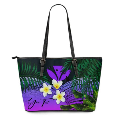 Custom Kanaka Maoli Hawaiian Leather Tote Bag, Polynesian Plumeria Banana Leaves Purple Personal Signature