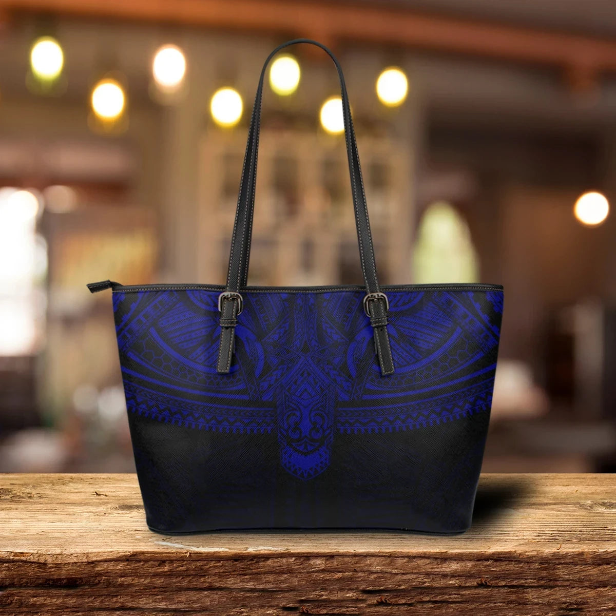 Polynesian Leather Tote Bag Dark Blue