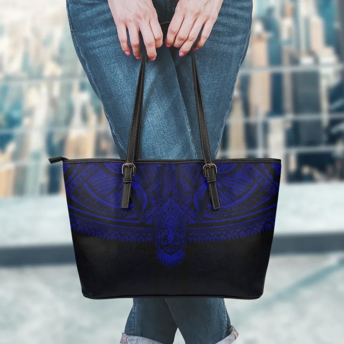 Polynesian Leather Tote Bag Dark Blue