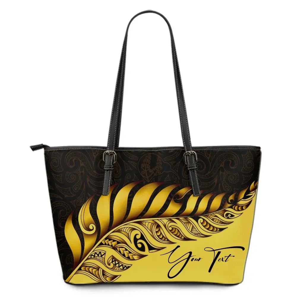 Custom New Zealand Leather Tote Bag Silver Fern Kiwi Personal Signature Yellow
