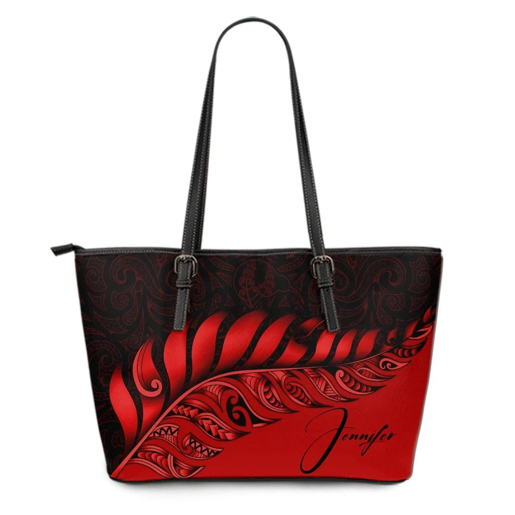 Custom New Zealand Leather Tote Bag Silver Fern Kiwi Personal Signature Red