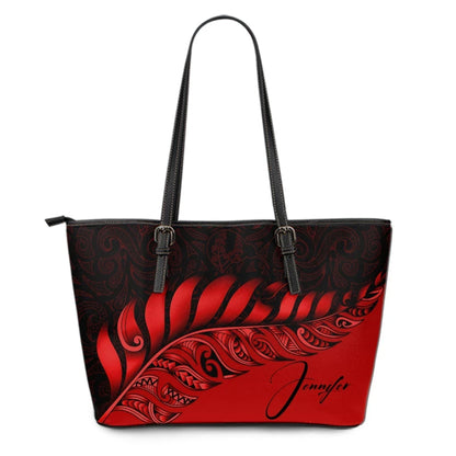 Custom New Zealand Leather Tote Bag Silver Fern Kiwi Personal Signature Red