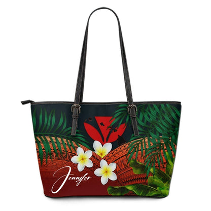 Custom Kanaka Maoli Hawaiian Leather Tote Bag, Polynesian Plumeria Banana Leaves Red Personal Signature