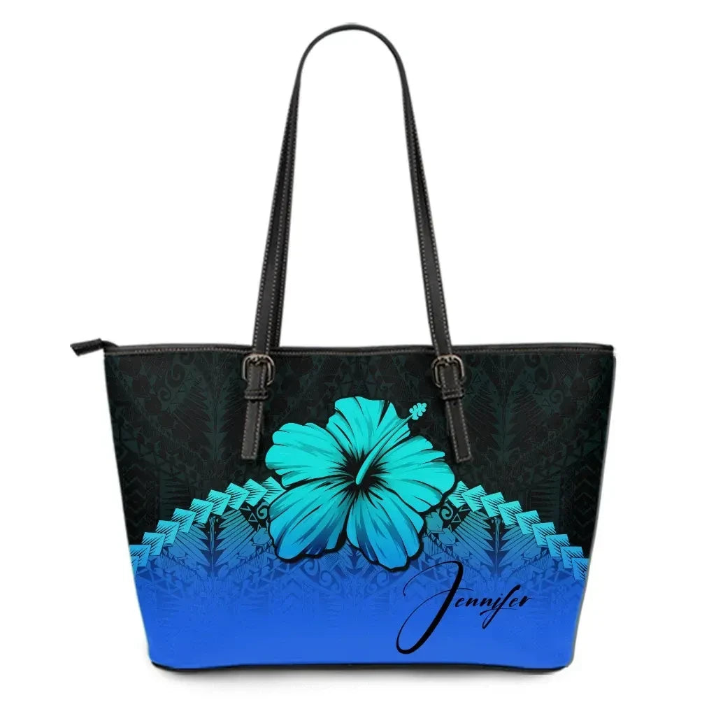 Custom Polynesian Leather Tote Bag Hibiscus Personal Signature Blue
