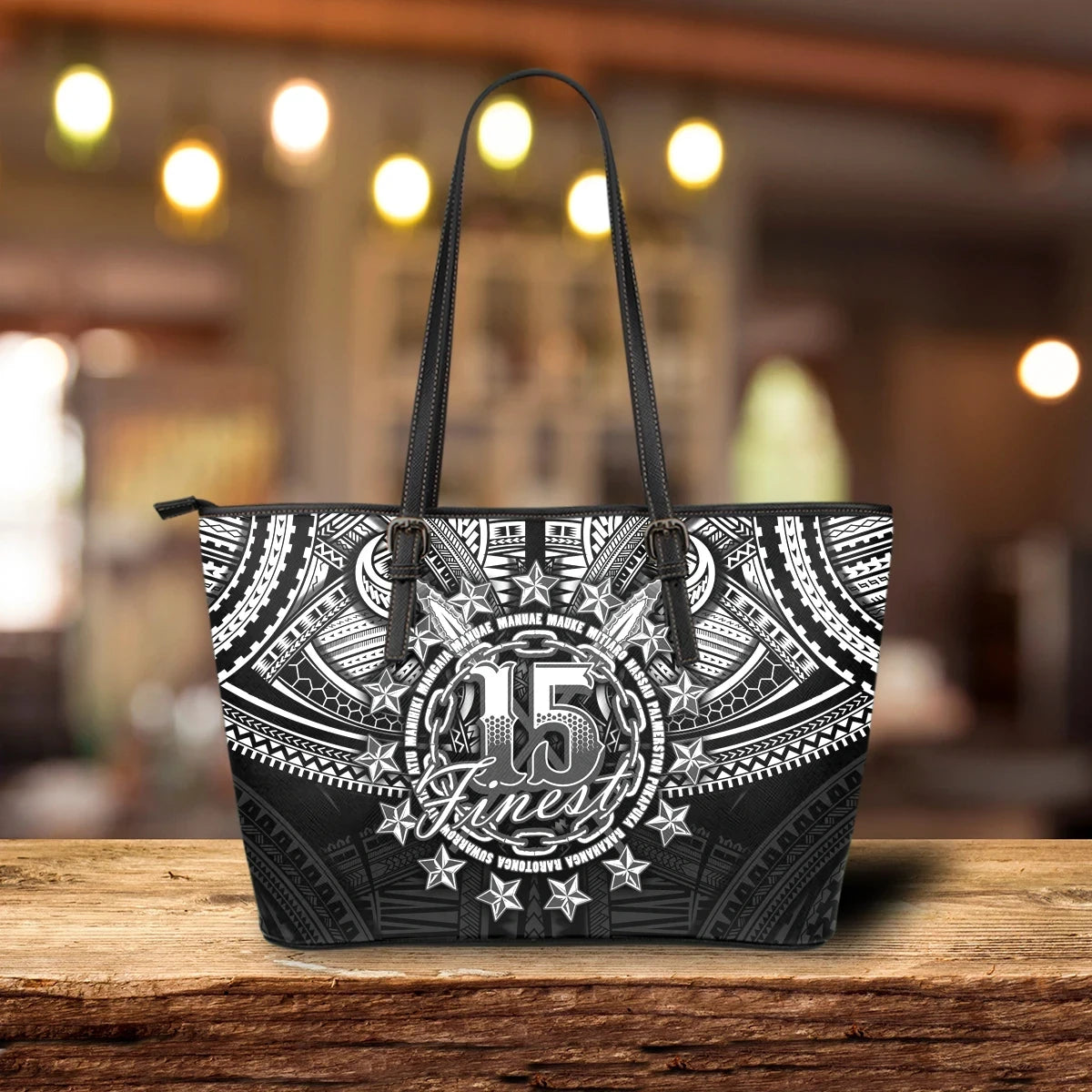 Cook Islands Polynesian Leather Tote Bag Black And White