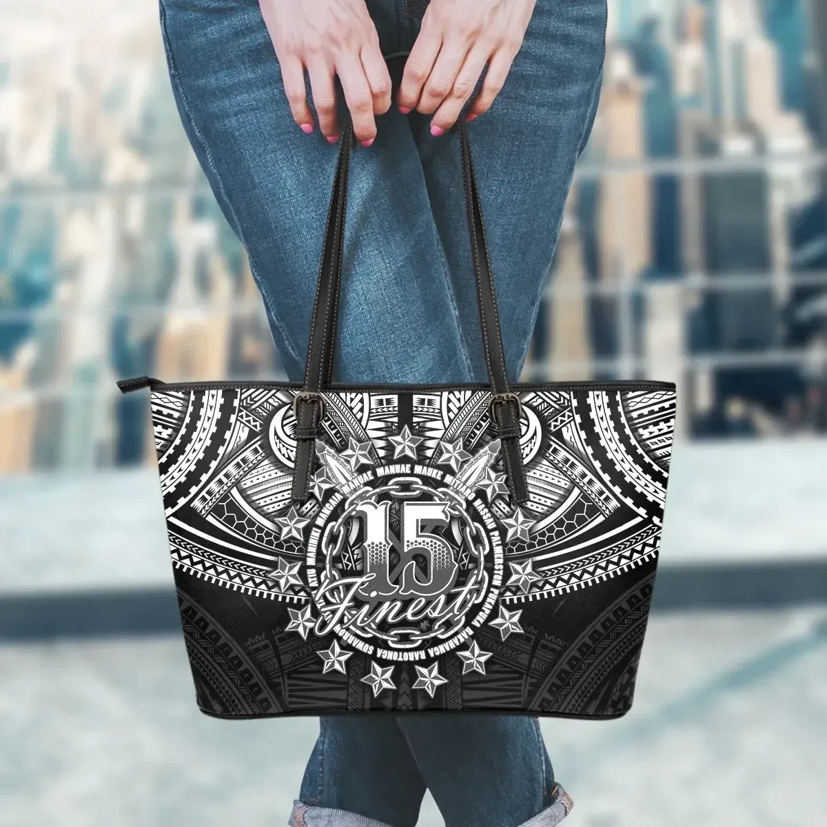 Cook Islands Polynesian Leather Tote Bag Black And White
