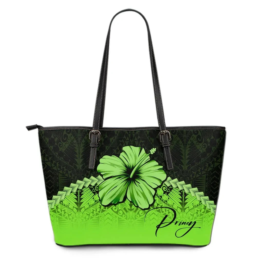 Custom Polynesian Leather Tote Bag Hibiscus Personal Signature Green