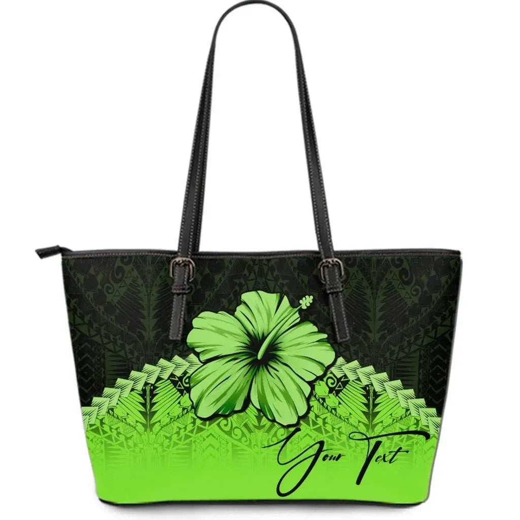 Custom Polynesian Leather Tote Bag Hibiscus Personal Signature Green