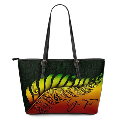 Custom New Zealand Leather Tote Bag Silver Fern Kiwi Personal Signature Reggae